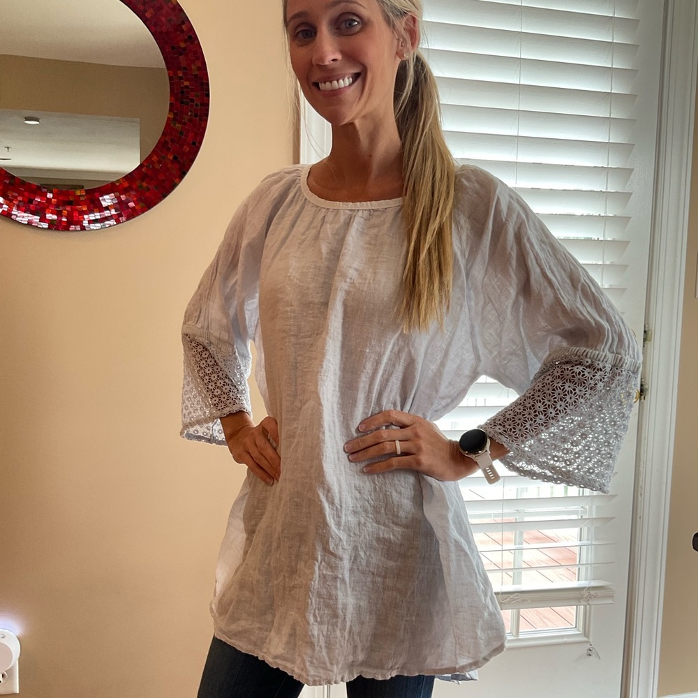 Soft Surroundings Crocheted Bell Sleeve Linen Tunic